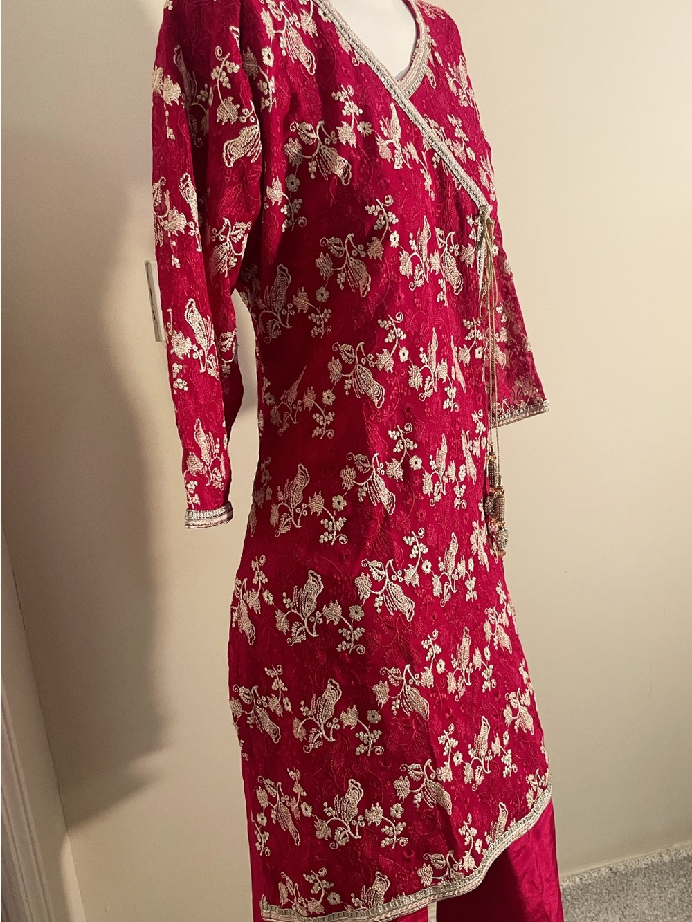 Embroidered Red Women's V-Neck Dress